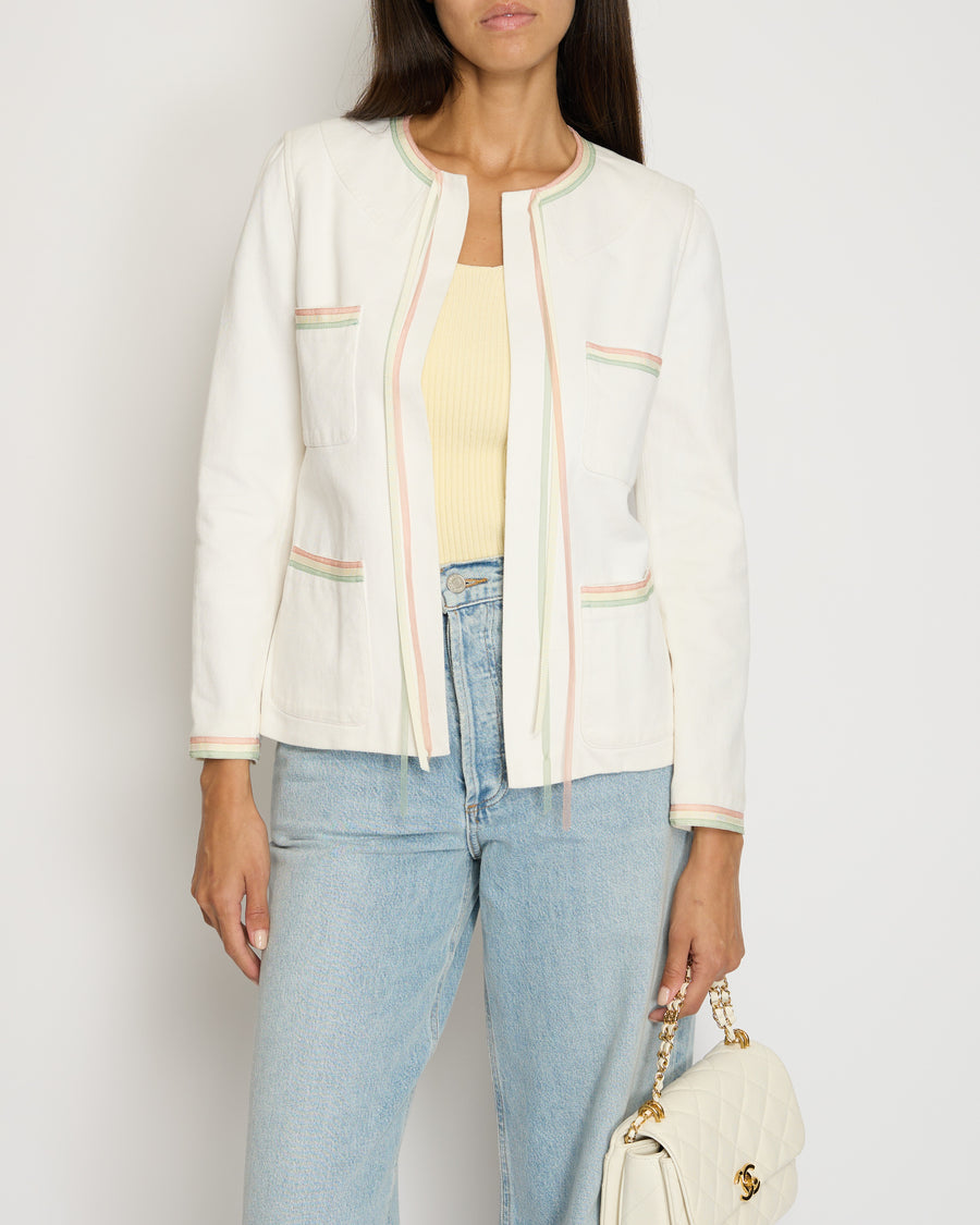 Chanel 04/C White Round Neck Jacket with Pastel Trim Detail FR 36 (UK 8)