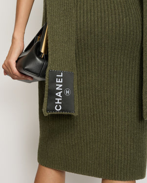 Chanel 08/C Khaki Knitted Maxi Dress with Logo Neck Tie Detail FR 38 (UK 10)