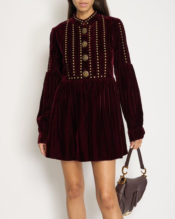 Saint Laurent Burgundy Velvet Long-Sleeve Mini Dress with Gold Stud Detail FR 38 (UK 10)