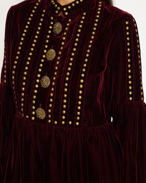 Saint Laurent Burgundy Velvet Long-Sleeve Mini Dress with Gold Stud Detail FR 38 (UK 10)