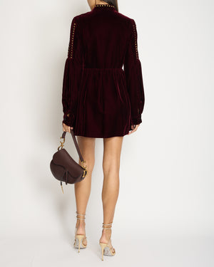 Saint Laurent Burgundy Velvet Long-Sleeve Mini Dress with Gold Stud Detail FR 38 (UK 10)