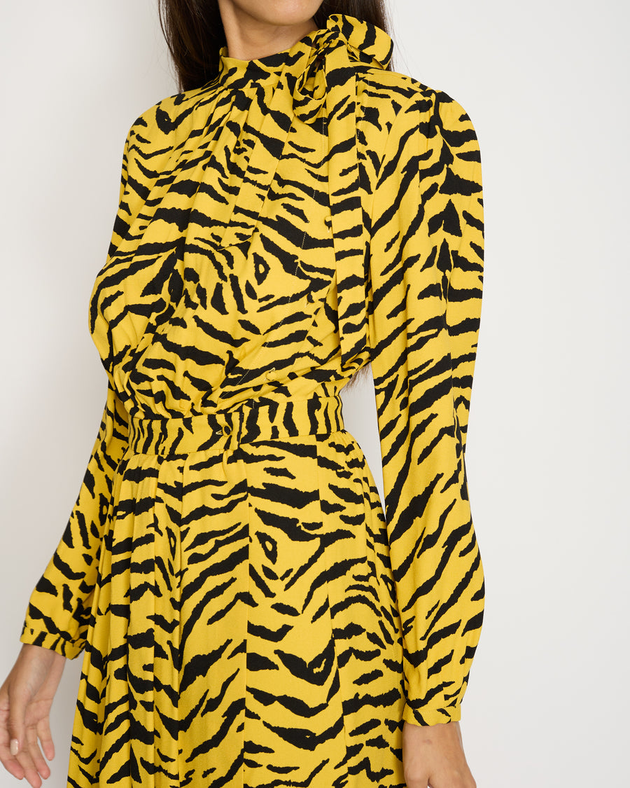 Saint Laurent Yellow, Black Zebra Print Long-Sleeve Mini Dress Size FR 36 (UK 8)