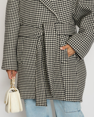 Balenciaga Black Houndstooth Oversized Pea Coat with Belt Logo Detail FR 38 (UK 10) RRP £2285