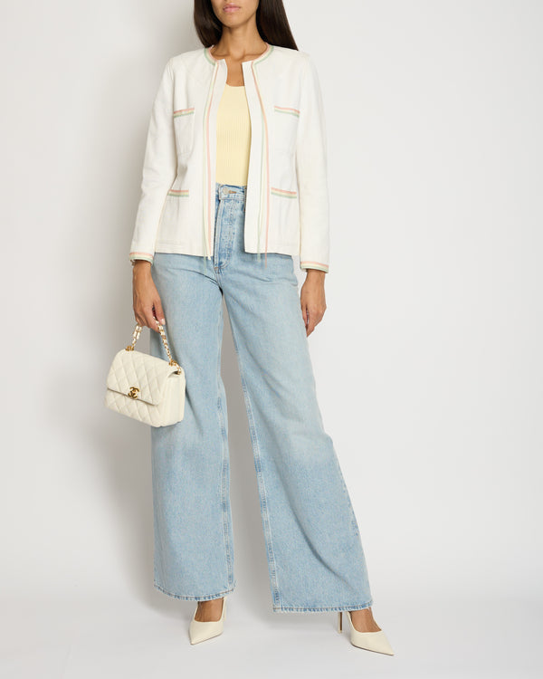 Chanel 04/C White Round Neck Jacket with Pastel Trim Detail FR 36 (UK 8)