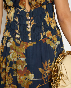 Chanel Navy Floral Silk Sleeveless Mini Dress With Decorative Gold Button Details FR 38 (UK 10)