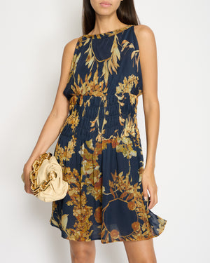 Chanel Navy Floral Silk Sleeveless Mini Dress With Decorative Gold Button Details FR 38 (UK 10)