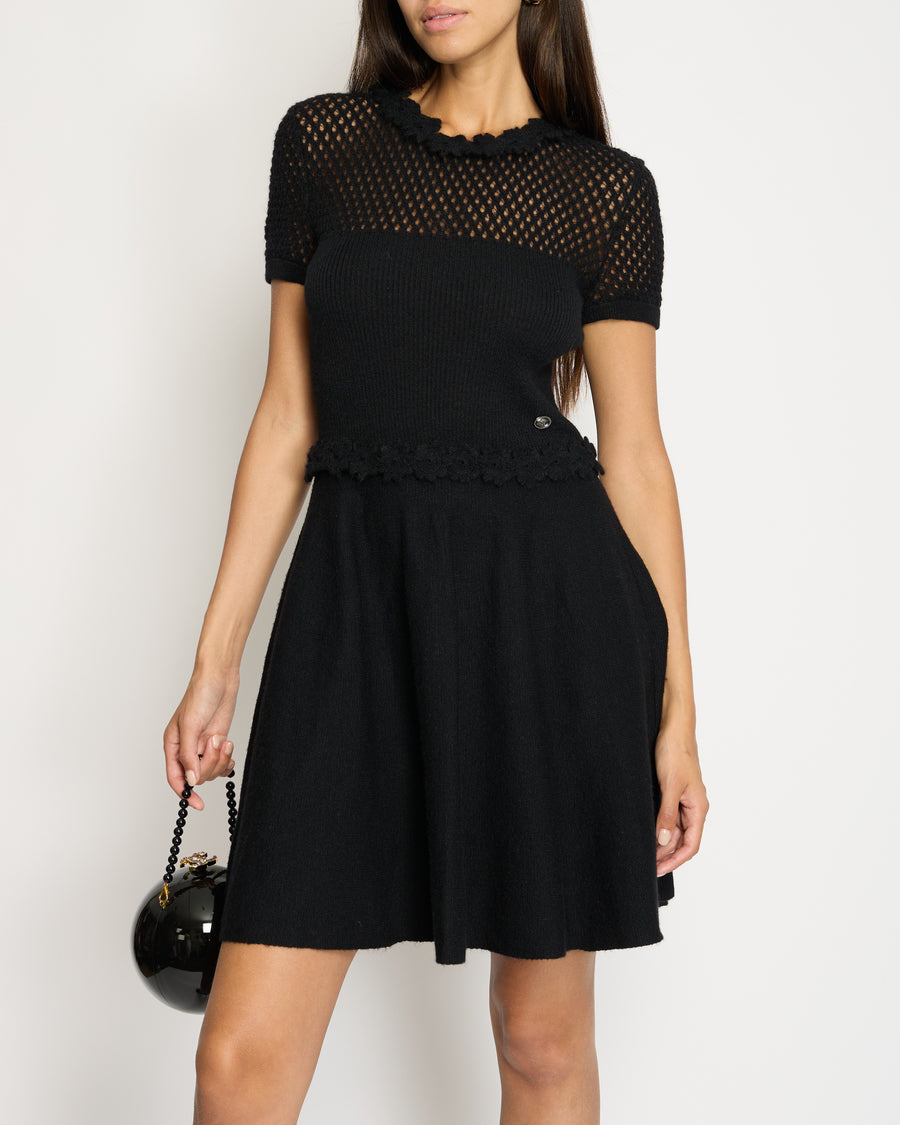 Chanel Black Wool Knit Short Sleeve Mini Dress With Knitted Flower Details FR 38 (UK 10)