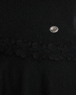 Chanel Black Wool Knit Short Sleeve Mini Dress With Knitted Flower Details FR 38 (UK 10)