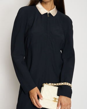 *VINTAGE* Chanel 97/A Navy Long Sleeve Midi Dress with Detachable Collar Detail FR "Petit" (UK 12)