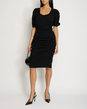 Dolce & Gabbana Black Mid Sleeve V-Neck Ruched Midi Dress IT 48 (UK 16)