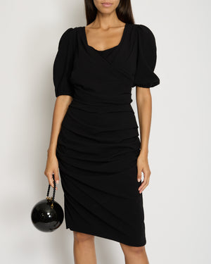 Dolce & Gabbana Black Mid Sleeve V-Neck Ruched Midi Dress IT 48 (UK 16)