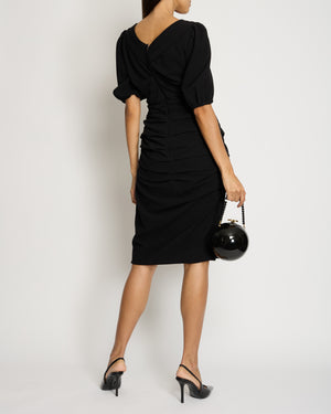 Dolce & Gabbana Black Mid Sleeve V-Neck Ruched Midi Dress IT 48 (UK 16)