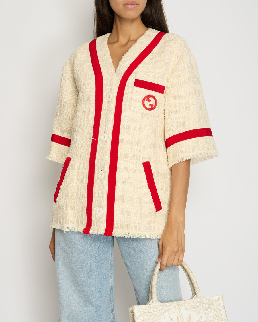 Gucci Pre-Fall 2023 Cream Collarless Tweed Jacket with Red Ribbon Trim Size IT 36 (UK 4)