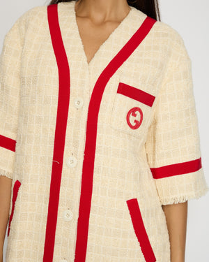 Gucci Pre-Fall 2023 Cream Collarless Tweed Jacket with Red Ribbon Trim Size IT 36 (UK 4)