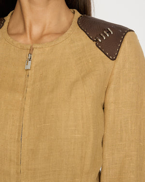 *VINTAGE* Fendi Brown Round Neck Jacket with Leather Trim Detail IT 42 (UK 10)