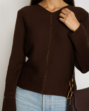 Chanel 99/A Brown V Neck Knitted Jumper with Gold Stitch Detail FR 38 (UK 10)