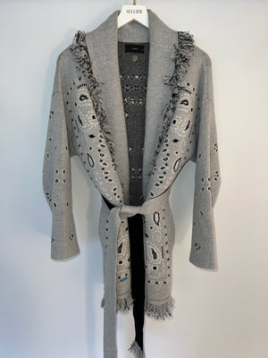 Alanui Grey Oversized Paisley Print Cardigan with Frayed Detail Size M (UK 10)