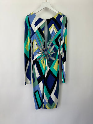 Emilio Pucci Blue, Green and Yellow Long Sleeve Mini Dress with Cut Out Detail IT 44 (UK 12)