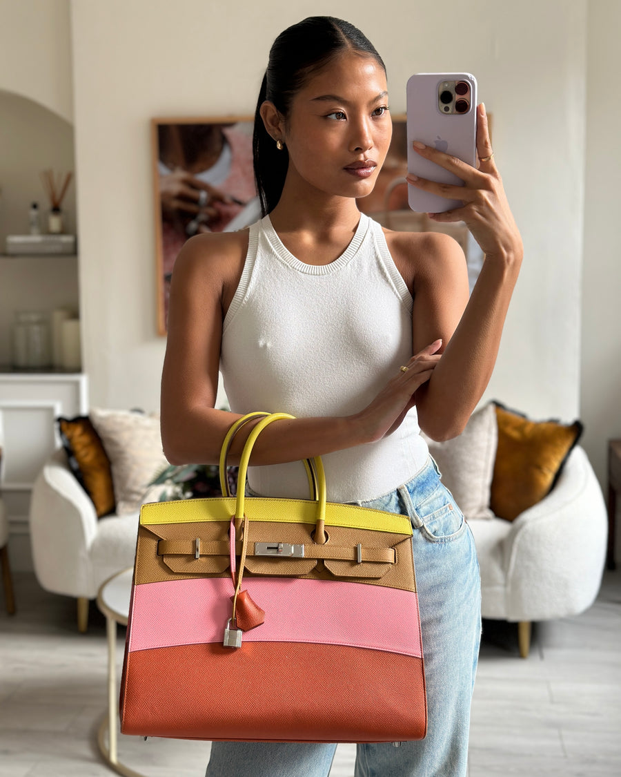 Hermès Birkin 35cm Sellier Sunrise Rainbow Bag in Epsom Lime / Sesame / Rose Confetti / Terre Battue Leather with Palladium Hardware