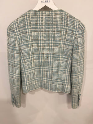 Chanel 1997 Vintage Baby Blue, Brown and White Tweed Jacket with CC Button Details Size FR 36 (UK 8)