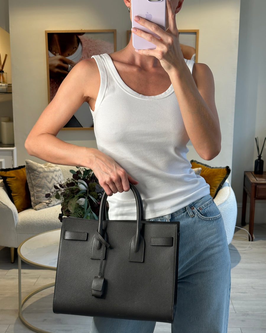 Saint Laurent Elephant Grey Small Sac de Jour Tote Bag in Grained Calfskin Leather with Black Hardware RRP £2,475