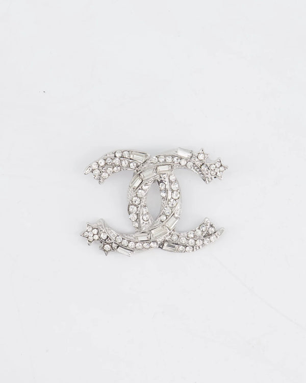 Chanel Silver CC Logo Brooch with Stars and Crystal Details