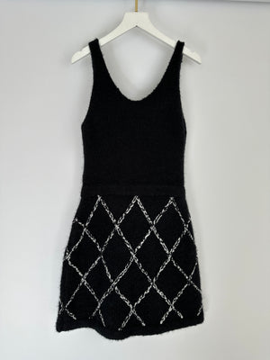 Chanel 23N Black Cashmere and Silk Sleeveless Mini Dress with Quilted White Embroidery Detail and Crystal Logo Size FR 36 (UK 8)