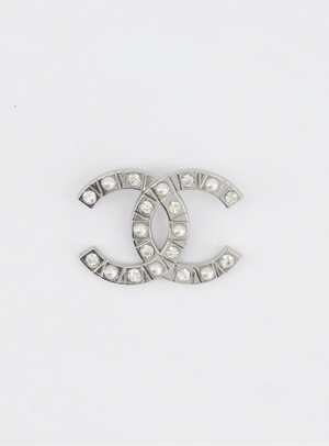 Chanel Silver CC Logo Brooch with Pearl and Crystal Details