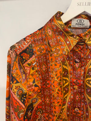 Fendi Orange Silk Printed Long-Sleeve Button Down Shirt Size IT 40/42 (UK 8/ 10)