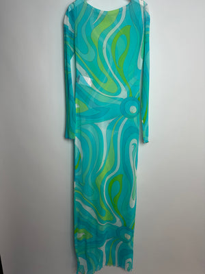 Emilio Pucci Blue, Green and White Mesh Long Sleeve Maxi Dress IT 44 (UK 12)