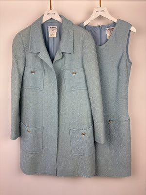 Chanel 97C Light Blue Tweed Longline Blazer and Midi Dress Set with Perspex & Gold CC Button Detail Size FR 40 (UK 12)