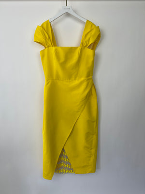 Carolina Herrera Yellow Silk Sleeveless Midi Dress with Embroidery Lining Detail Size US 10 (UK 14)