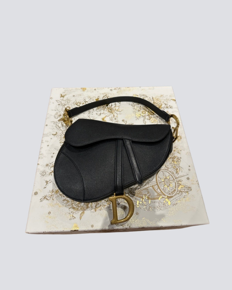 Dior Black Medium Saddle Bag in Grained Calfskin Leather with Gold Hardware