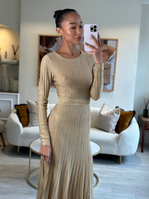 *HOT* Chanel Paris in Rome 2016 Métiers d'Art Metallic Gold Long-Sleeve Pleated Maxi Dress with CC Logo FR 36 (UK 8) RRP £2,900