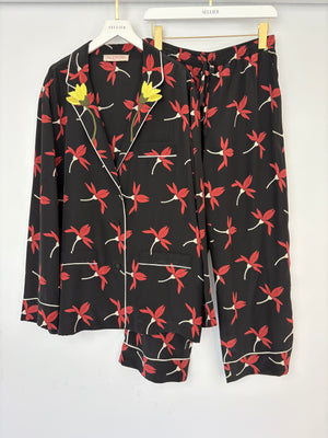 Valentino Black Silk Shirt and Trousers Set With Rust Floral Print and Yellow Embroidered Flower Detail Size IT 42 (UK 10)