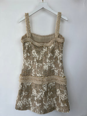 Chanel Gold, White Tweed Mini Dress with Shoulder Straps and Braided Appliqué Waist Belt Detail Size FR 36 (UK 8)