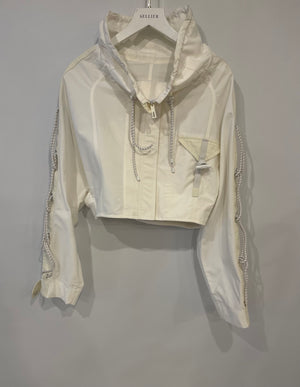 Hermès White and Ivory Cropped Oversize Jacket with String and Pocket Detail Size FR 38 (UK 10)