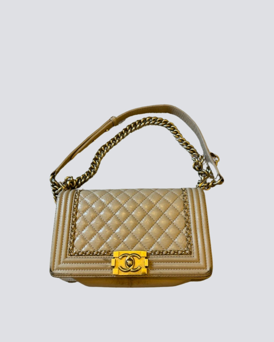 Chanel Beige Medium Leather Boy Bag in Lambskin Leather With Gold Hardware