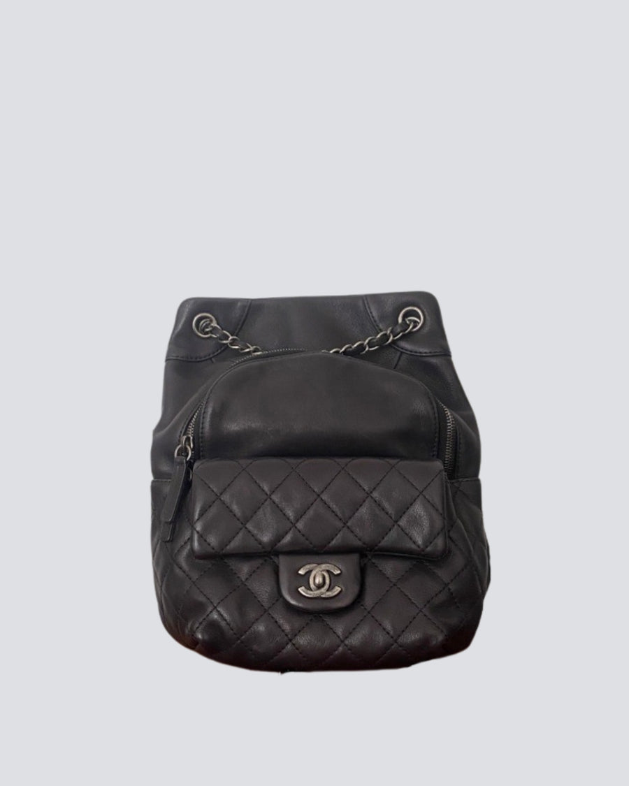 Chanel Black Lambskin Leather Backpack Bag with Ruthenium Hardware