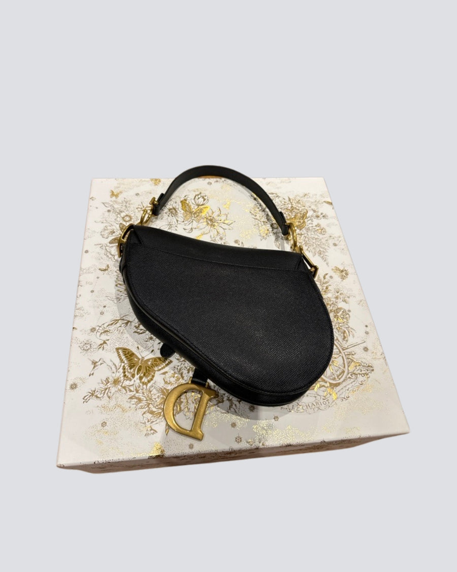 Dior Black Medium Saddle Bag in Grained Calfskin Leather with Gold Hardware