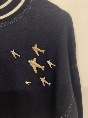 *HOT* Chanel Airline Collection Navy Cashmere Jumper and Mini Skirt Set with Silver Logo Airplane Appliqués Size FR 38 (UK 10)