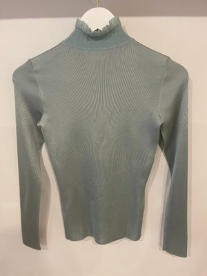 Hermès Baby Blue Silk Long-Sleeve Top with Ruffle Collar Detail Size FR 34 (UK 6)