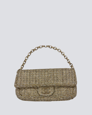 Chanel Beige & Gold Tweed Flap Bag with Aged Gold Hardware