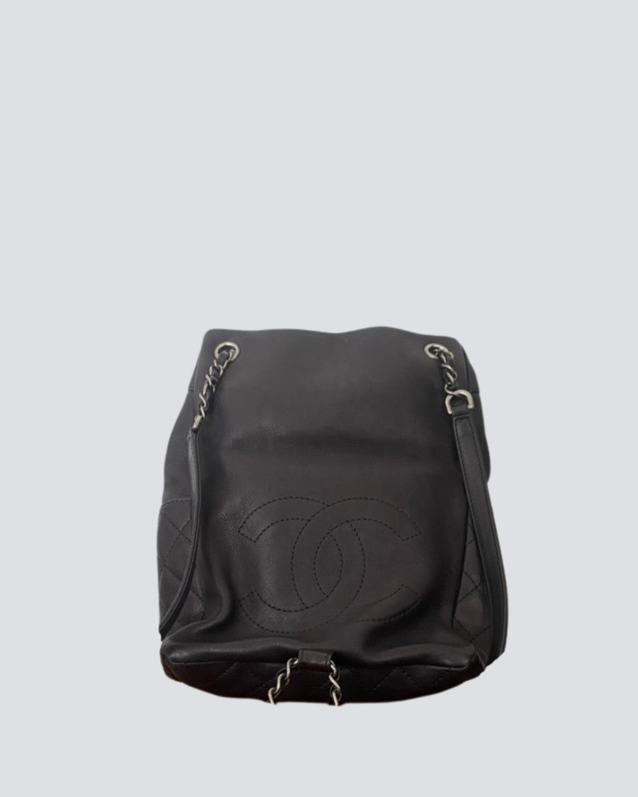 Chanel Black Lambskin Leather Backpack Bag with Ruthenium Hardware