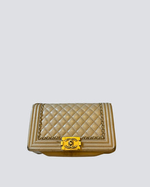 Chanel Beige Medium Leather Boy Bag in Lambskin Leather With Gold Hardware