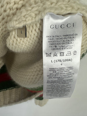 Gucci Cream Wool Cardigan with Green & Red Stripes Detail Size IT L (UK 40)