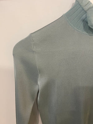 Hermès Baby Blue Silk Long-Sleeve Top with Ruffle Collar Detail Size FR 34 (UK 6)