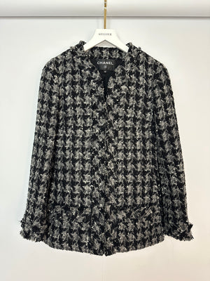 Chanel Black and Grey Tweed Large Houndstooth Jacket with Front Pockets and Black Leather Button Details, Size FR 38 (UK 10)