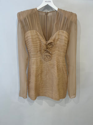 Magda Butrym Beige Ruched Rose-Detailed Mini Dress FR 34 (UK 6) RRP £1,050