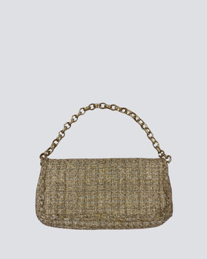 Chanel Beige & Gold Tweed Flap Bag with Aged Gold Hardware